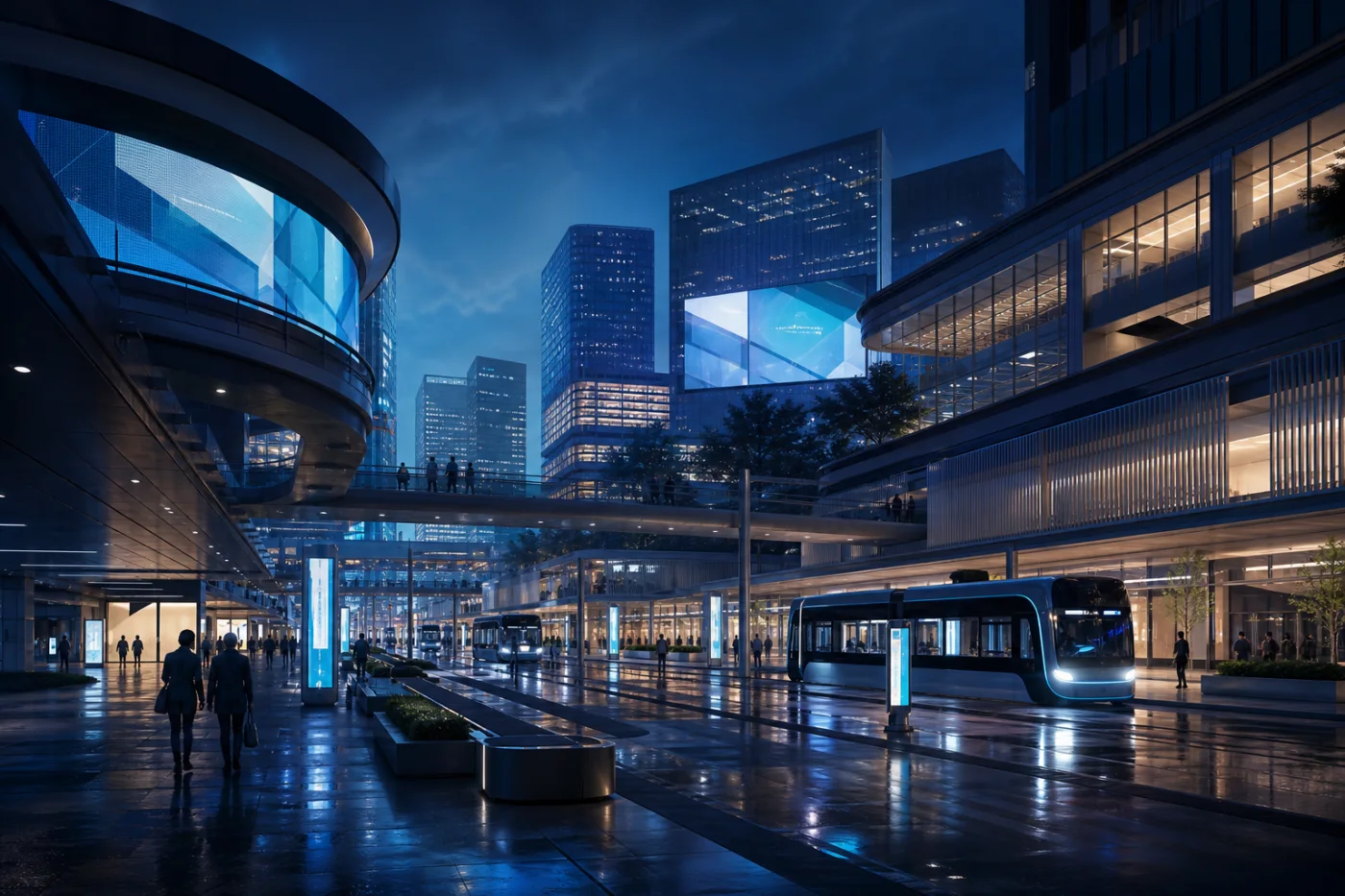 A fictional futuristic urban transit district at blue hour